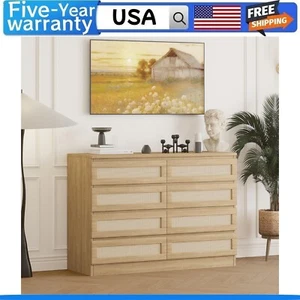 Rattan Dresser for Bedroom Modern 8 Drawer Wooden Dresser Chest Wide Wood Beside - Picture 1 of 8