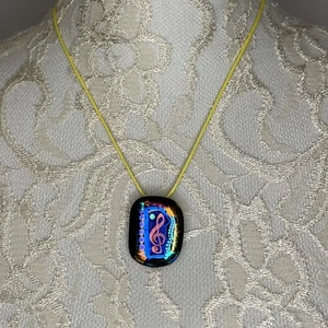 Art Glass Pendant Pin Blue Metallic Dichroic Treble Clef Music Note Band Choir - Picture 1 of 3
