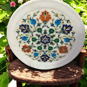 Handmade Marble Serving Tray Semi Precious Floral Marquetry Inlay Work Home Deco - Picture 1 of 8