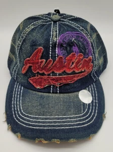 Austin Texas Denim Distressed Bleached Strap-Back Embroidered Cap Blue 6 Panel - Picture 1 of 11