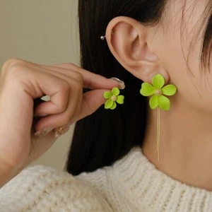 Asymmetrical Long Tassel Green Flower Drop Dangle Earrings Stud Women Jewelry - Picture 1 of 6