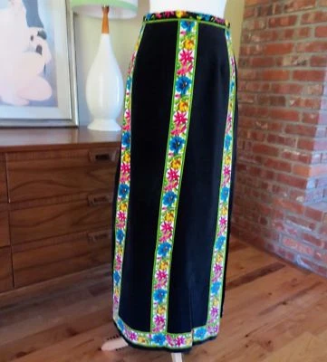 Vtg Mr. Dino Black Velvet Jewel Colored Flowers maxi Skirt 1960s ! Medium eeuc - Image 1 of 4