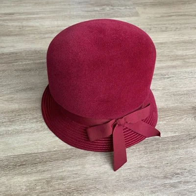 Sombrero Cloche Vintage Firenze Lana Firenze Rojo Borgoña Cinta Arco Hecho en Italia Foto 1 de 4