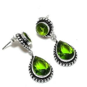 Green Peridot Gemstone 925 Starling Silver Jewelry Earring Stud Size 1.45" - Picture 1 of 1