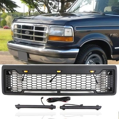 Rejilla delantera negra para Ford F150 1987-1991 parrilla superior con barra de luz y luz Foto 1 de 4