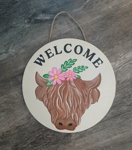 letrero de bienvenida madera Highland Cow - Imagen 1 de 1