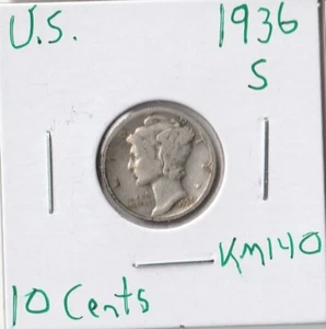 Moneda Estados Unidos 10 Céntimos (Mercurio) 1936 S KM140, plata - Imagen 1 de 4