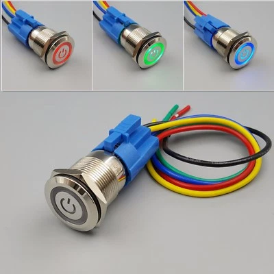 19mm Metal Waterproof 12V LED Power Symbol 5Pin SPDT Push Button Switch - Image 1 of 4