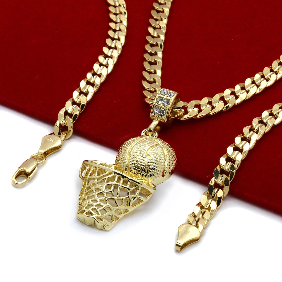 Colgante "liso" de baloncesto hip hop enchapado en oro de 14k para hombre cadena cubana de 6 mm 24" Foto 1 de 1
