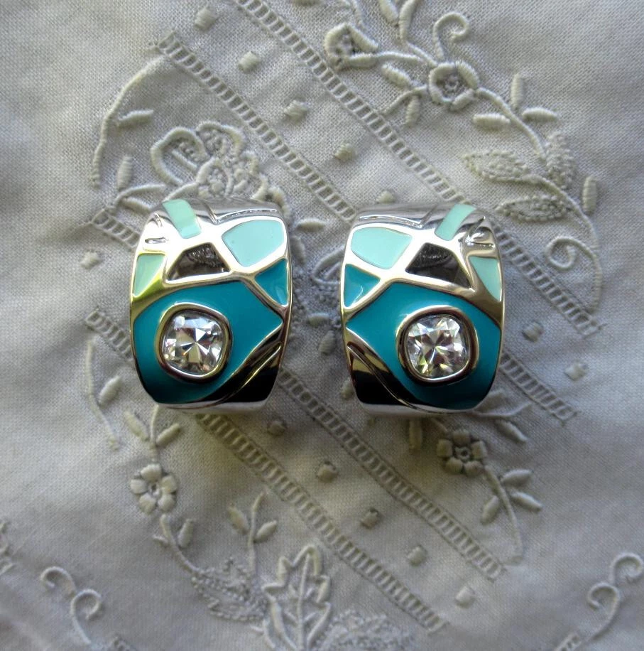 SILBERNE CREOLEN - OHRCLIPS - EMAILLIERT - TÜRKIS/GRÜN - WIE NEU - PIERRE LANG - Bild 1 von 4