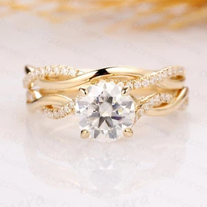 2.19 TCW Round Moissanite Criss Cross Bridal Set Engagement Ring 14K Yellow Gold - Picture 1 of 6