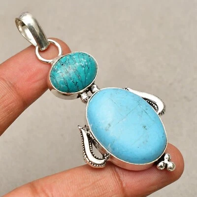 Ciondolo gioiello fatto a mano in argento sterling 925 con pietra turchese ti... - Immagine 1 di 4