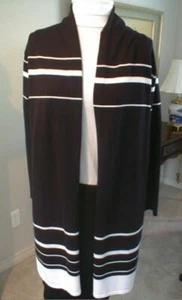 NWT JOAN VASS Long Navy/White Cardigan Sweater - L - Picture 1 of 6