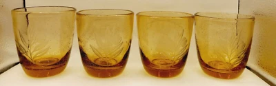 Set of 4 Block Basics Amber Bubble Glasses with Etched Olive Branch Design - Image 1 of 4