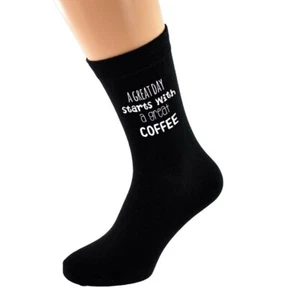 A Great Day Starts with a Great Coffee Mens Black Socks - Picture 1 of 1