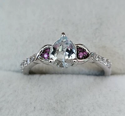 Natural Aquamarine/ Pink Sapphire/ White Zircon Ring in Platinum Sterling  Sz 9 - Image 1 of 4