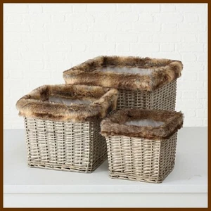 Landhaus 3 x Korb/Körbe Aufbewahrung Box Kunstfell Plüsch Weide beige *NEU* - Bild 1 von 1