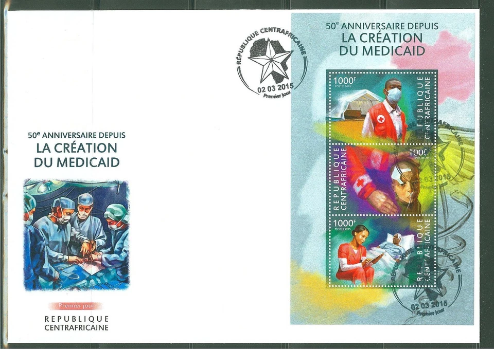 CENTRAL AFRICA 2015 50th  ANNIVERSARY OF MEDICAID RED CROSS SHEET  FDC - Image 1 of 1