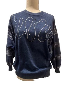 Vintage Dolman Strick Top 80er Retro blau Perlen einzigartig bemalt tragbar Kunst Medium - Bild 1 von 5