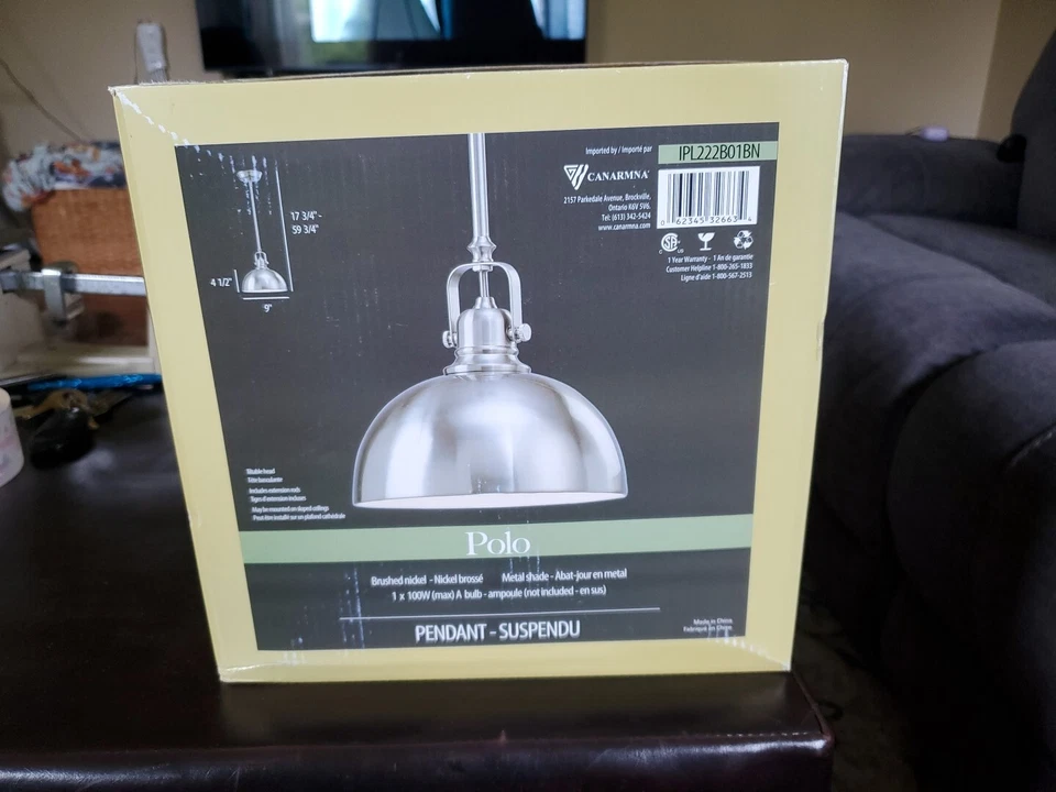 NIB - CANARMA Brushed Nickel POLO Suspended Pendant & Shade MODEL # IPL222B01BN  - Изображение 1 из 1