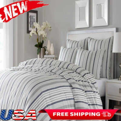 Contemporary 230 Thread Count Polyester Duvet Cover King W/ Stripes & Shams New Foto 1 de 3