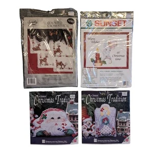 Lot 4 Cross Stitch Christmas Designs Pillows Angel Deer SUNSET Mats Santa Vtg - Picture 1 of 6