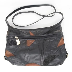 Vintage Patch Leather Women Medium Multicolor Brown Green Black Shoulder Bag - Picture 1 of 18