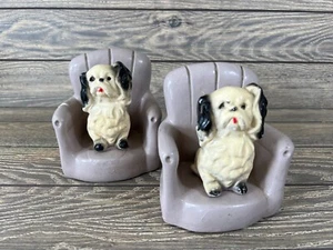 Chalkware Chair Bookends w/Sitting Pekinese Dogs - Picture 1 of 5