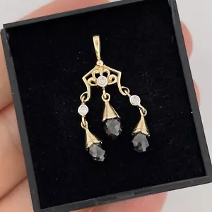 9ct Yellow Gold Sapphire & Diamond Cluster Drop Dangle Pendant Hallmarked - Picture 1 of 5