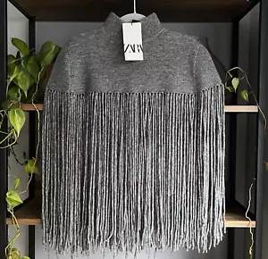 Zara Fringed Cape S / M Grey Knitted High Neck New with Tags - Picture 1 of 8