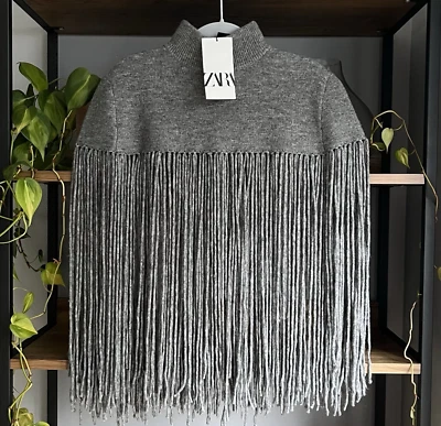 Zara Fringed Cape S / M Grey Knitted High Neck New with Tags - Image 1 of 4