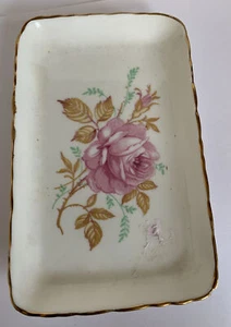 Vintage 70's Delphine Bone China Trinket Dish Rectangle Pink Roses Gold Gilt - Picture 1 of 7