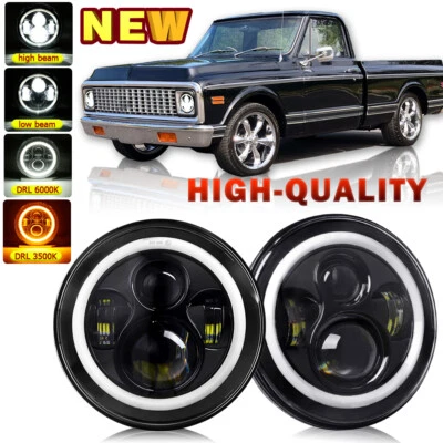 Pair 7" Round LED Headlights Black Hi/Lo DRL For Chevy C10 C20 C30 Pickup Nova - Image 1 of 4