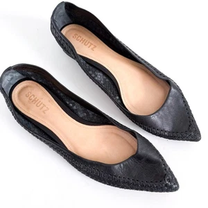 Puntera puntiaguda plana de cuero tejido Schutz talla 7,5B negra - Imagen 1 de 8