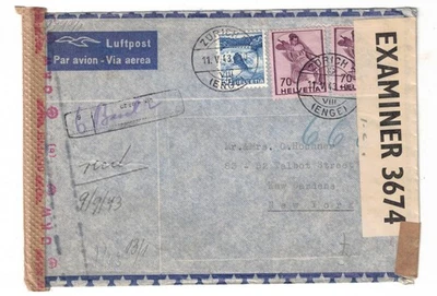 1943 Zurich Switzerland Registered Dual Censored Airmail Cover to NY - Image 1 of 2