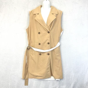 Nine West Sleeveless Trench Vest Womens 2XL Tan White Belted Double Breasted - Picture 1 of 14