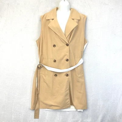 Nine West Sleeveless Trench Vest Womens 2XL Tan White Belted Double Breasted - Image 1 of 4