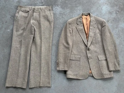 VTG 70s Men’s 2pc Light Brown Wool Tweed Suit 38S 32x27 Flat Front Talon Zipper - Image 1 of 4