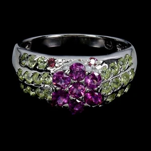 925 Sterling Silber Ring rund Rhodolith Granat Peridot Edelstein Schmuck Größe 9 - Bild 1 von 14