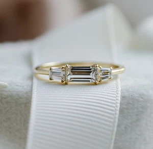 2Ct Emerald Cut Moissanite Three Stone Engagement Ring In Solid 14K Yellow Gold - Picture 1 of 7