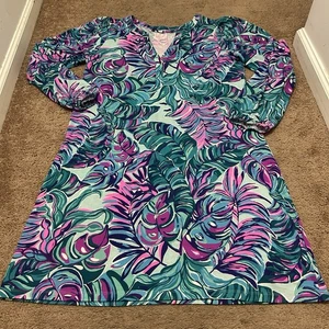 Lilly Pulitzer Bedelia Dress XL Seasalt Blue Don't Wanna Leaf Sash Long Sleeve - Picture 1 of 7