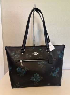COACH Gallery City Tote Shoulder Bag Victorian Floral Black  Blue Flowers - Image 1 of 4