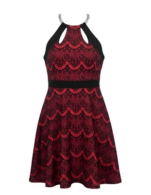 Nuevo con etiquetas Vestido Bebe Fit & Flare Para Mujer XS Rojo Negro Encaje Cintura Imperio Halter Cremallera Trasera Foto 1 de 4