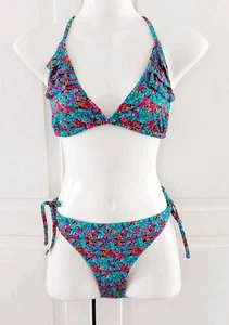 BN Aerie Asos Floral Turquoise Multi Triangle Tie Halter Bikini Set UK 12 Large - Picture 1 of 14