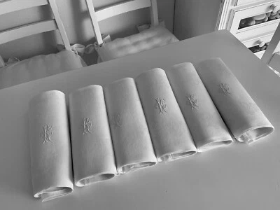 Linge Ancien 6 Serviettes De Mariage Damassé Soie Monogramme Entrelacés R C - Photo 1/4