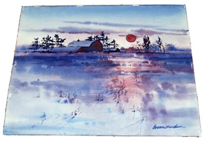 Pintura acuarela de casa de campo puesta de sol firmada por artista Catherine Wilson Smith - Imagen 1 de 4