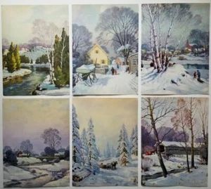Winter Scenes Qty 6 1950 Small Art Prints by J. Greenleaf - Picture 1 of 9