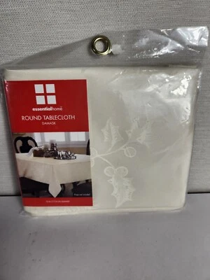 New Christmas Damask Tablecloth Cream Holly Leaf Round 70" Essential Home - Image 1 of 4