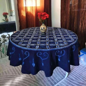 Shibori Round Tablecloth, Natural Plant Hand Dyed Cotton, Hand Embroidered - Picture 1 of 9