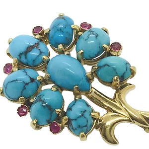 Natural Turquoise Ruby 18k Yellow Gold Pin Pendant Brooch - Picture 1 of 8